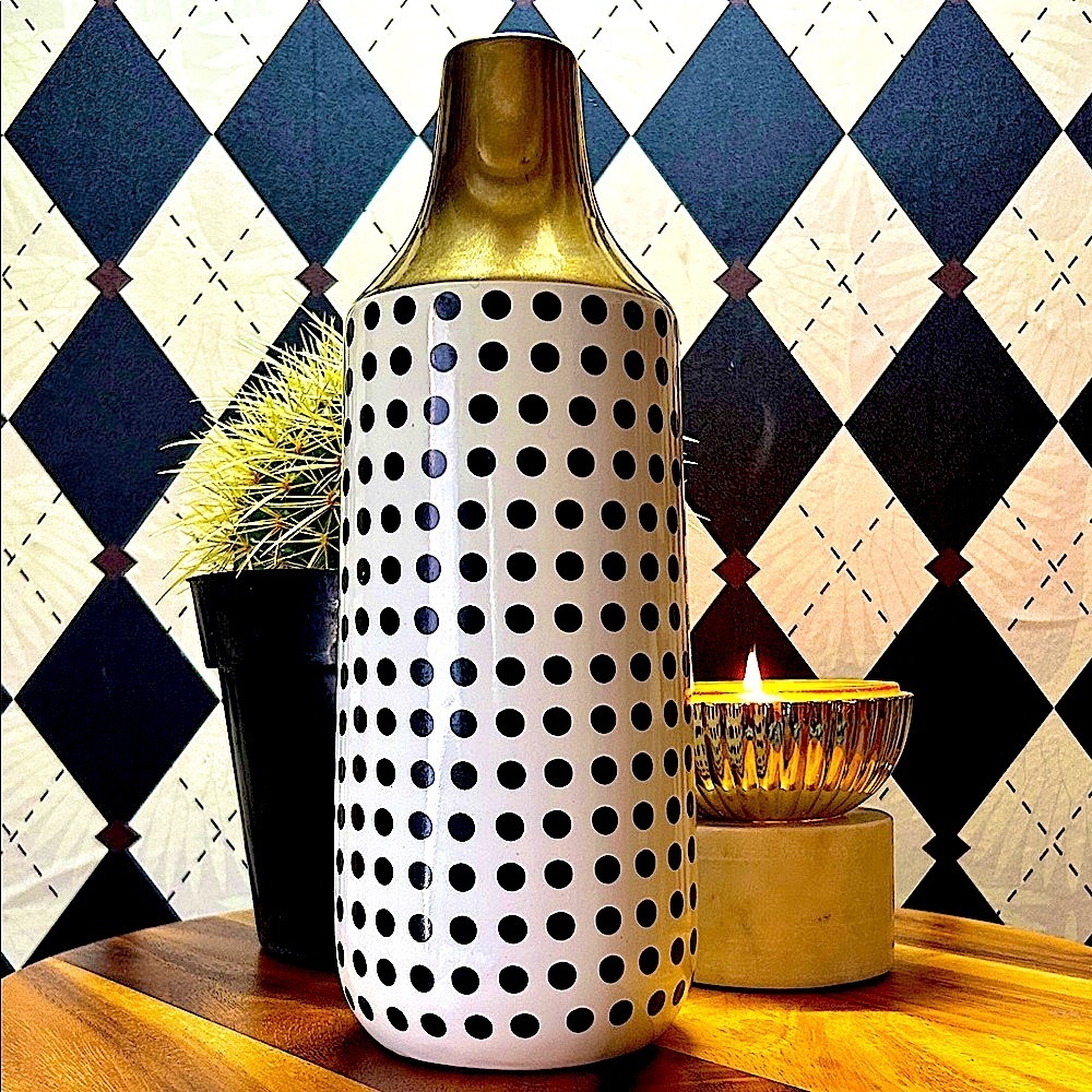 Black, White & Gold Polka Dot‎ Ceramic Vase - Gold Neck – 12” Modern Classic - Picture 6 of 9